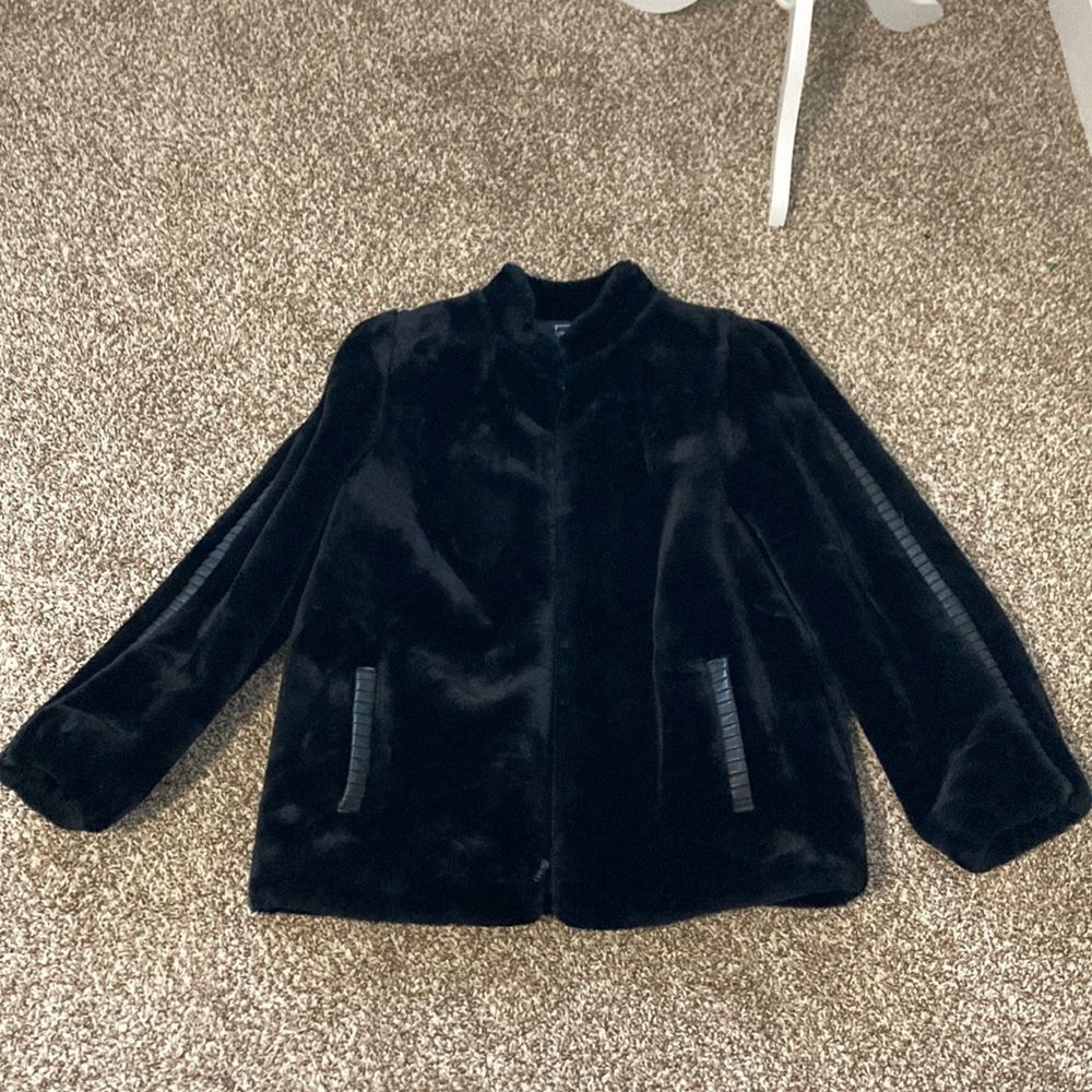 Vintage 80s 90s Outerlayers Mouton Faux Fur Short Black Winter Zipper Jacket - Picture 10 of 16